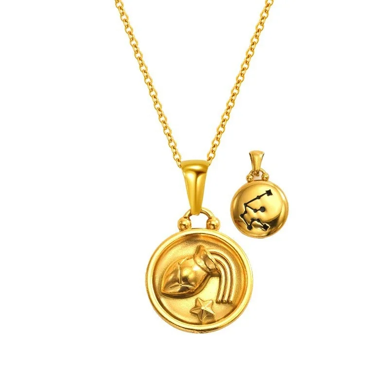 Celestial 18K Gold-Plated Zodiac Medallion Pendant Necklace - Gold Aquarius