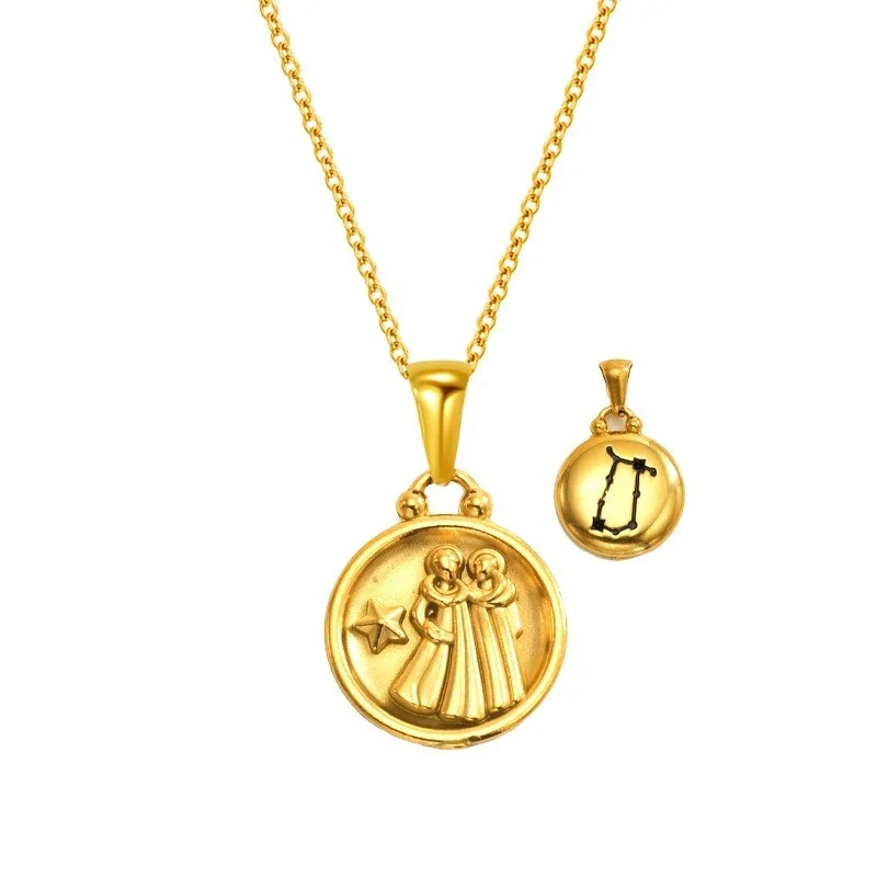 Celestial 18K Gold-Plated Zodiac Medallion Pendant Necklace - Gold Gemini