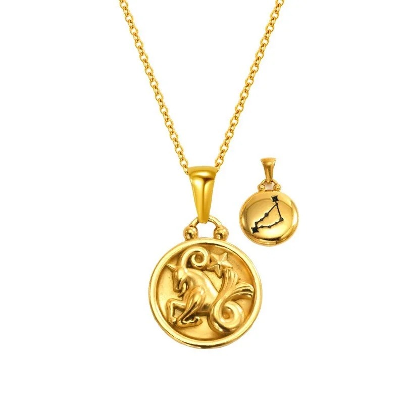 Celestial 18K Gold-Plated Zodiac Medallion Pendant Necklace - Gold Capricorn