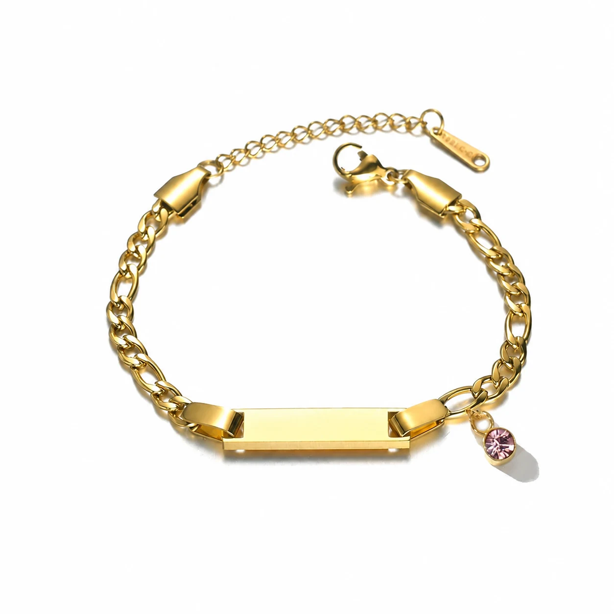ID Bar Chain Bracelet with Birthstone Charm, Stainless Steel - October Light Pink
