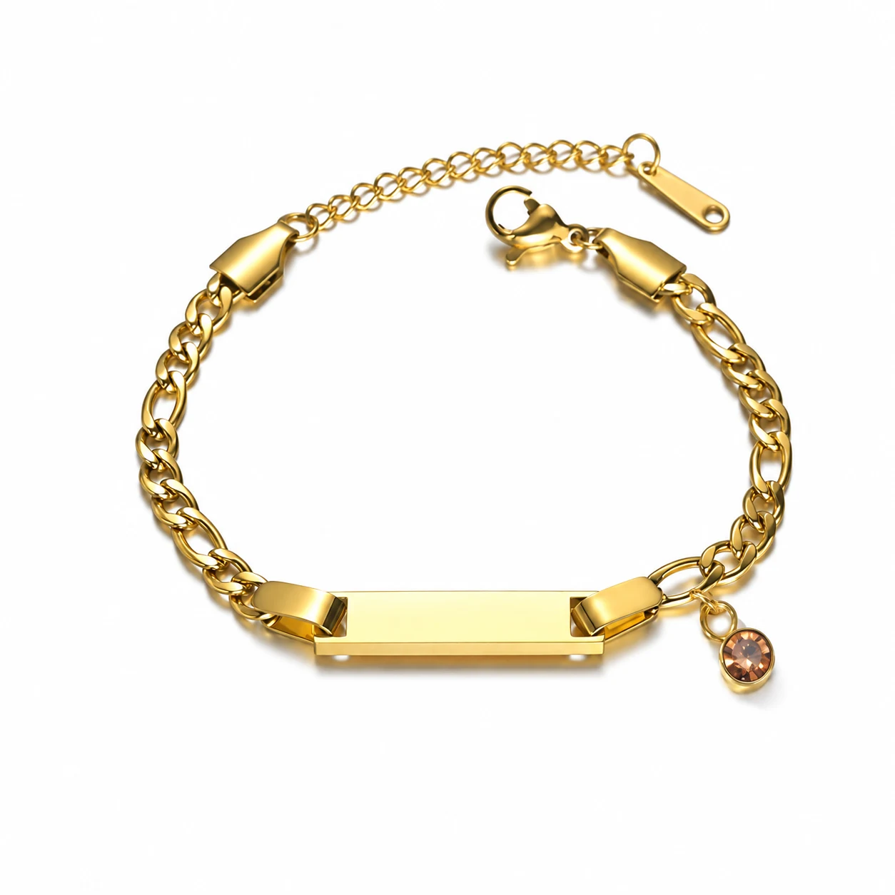 ID Bar Chain Bracelet with Birthstone Charm, Stainless Steel - November Light Crystal Yellow