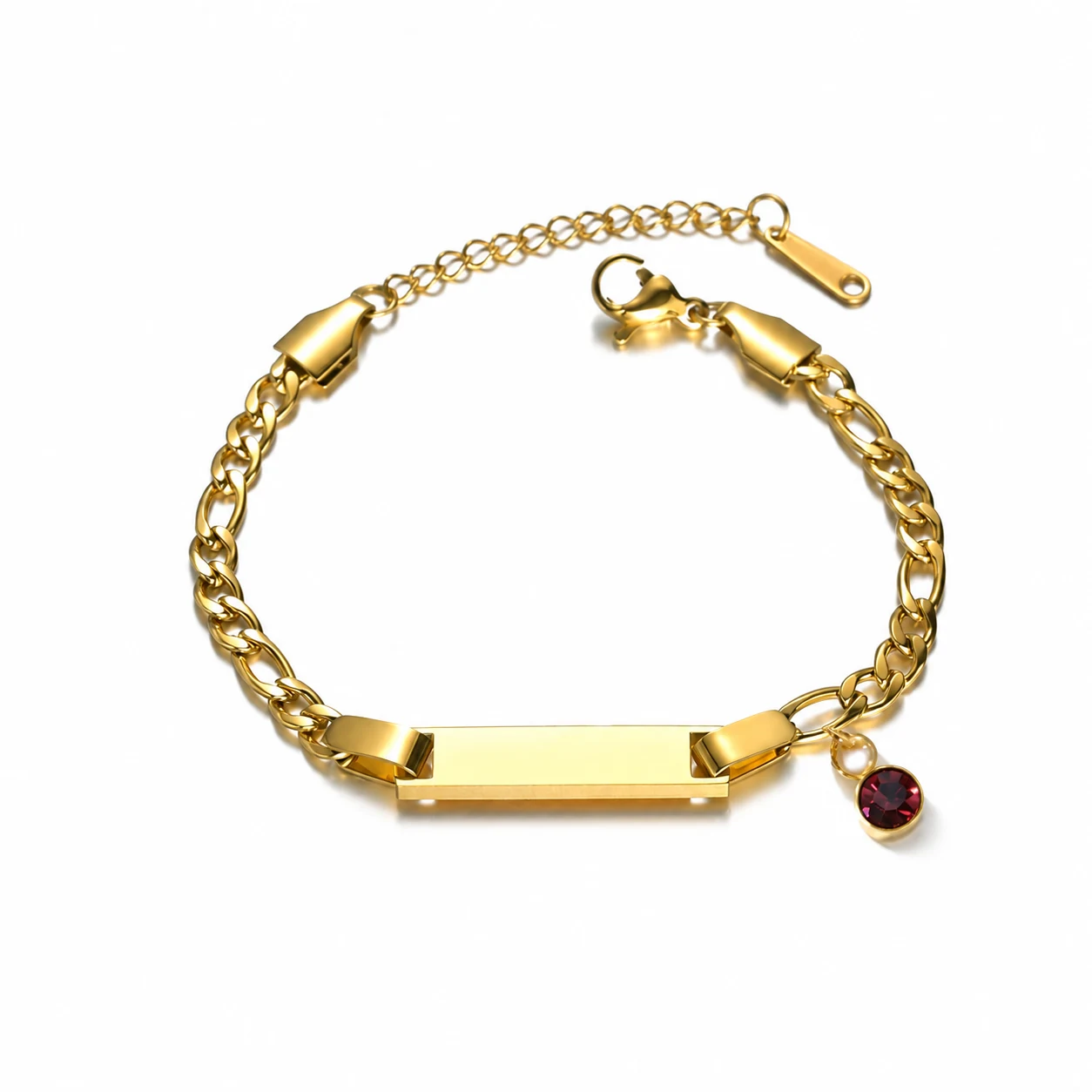 ID Bar Chain Bracelet with Birthstone Charm, Stainless Steel - January Deep Red