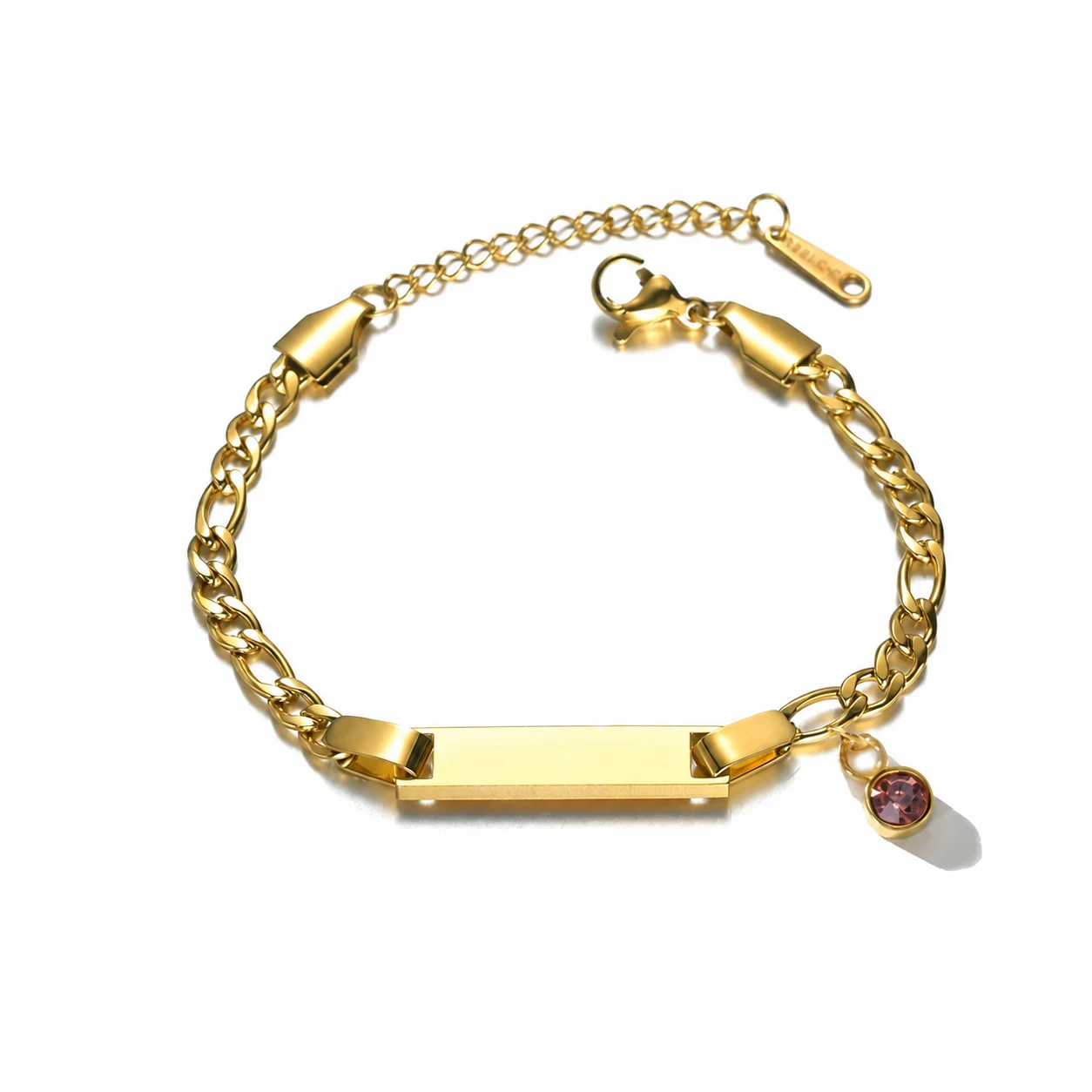 ID Bar Chain Bracelet with Birthstone Charm, Stainless Steel - February Deep Purple