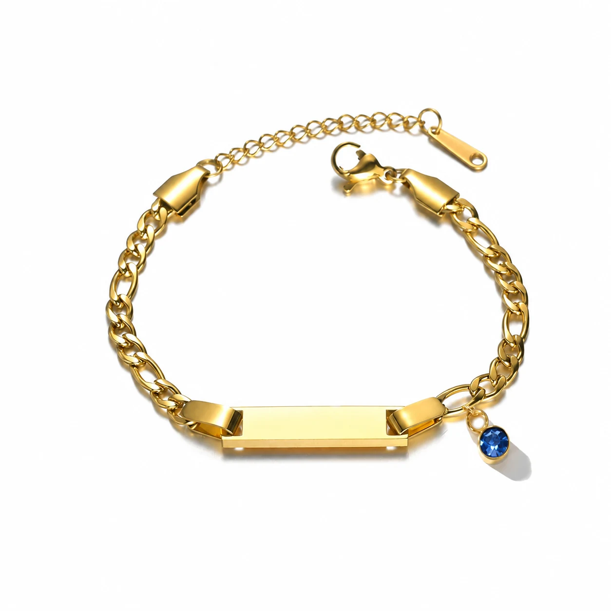 ID Bar Chain Bracelet with Birthstone Charm, Stainless Steel - March Light Blue
