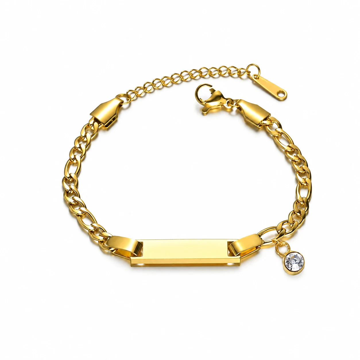 ID Bar Chain Bracelet with Birthstone Charm, Stainless Steel - April White Crystal