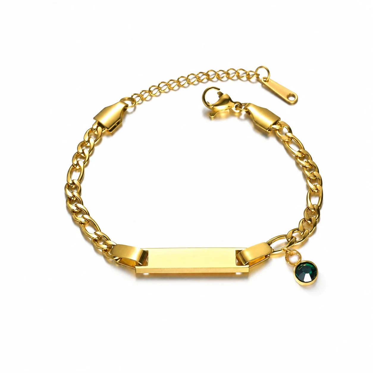 ID Bar Chain Bracelet with Birthstone Charm, Stainless Steel - May Deep Green