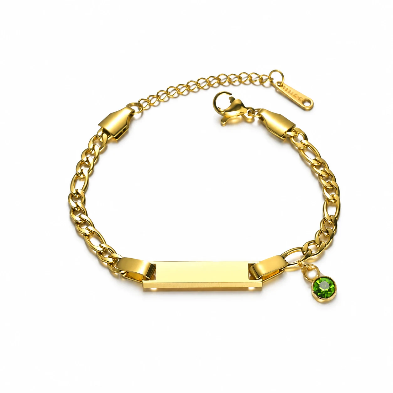 ID Bar Chain Bracelet with Birthstone Charm, Stainless Steel - August Light Green
