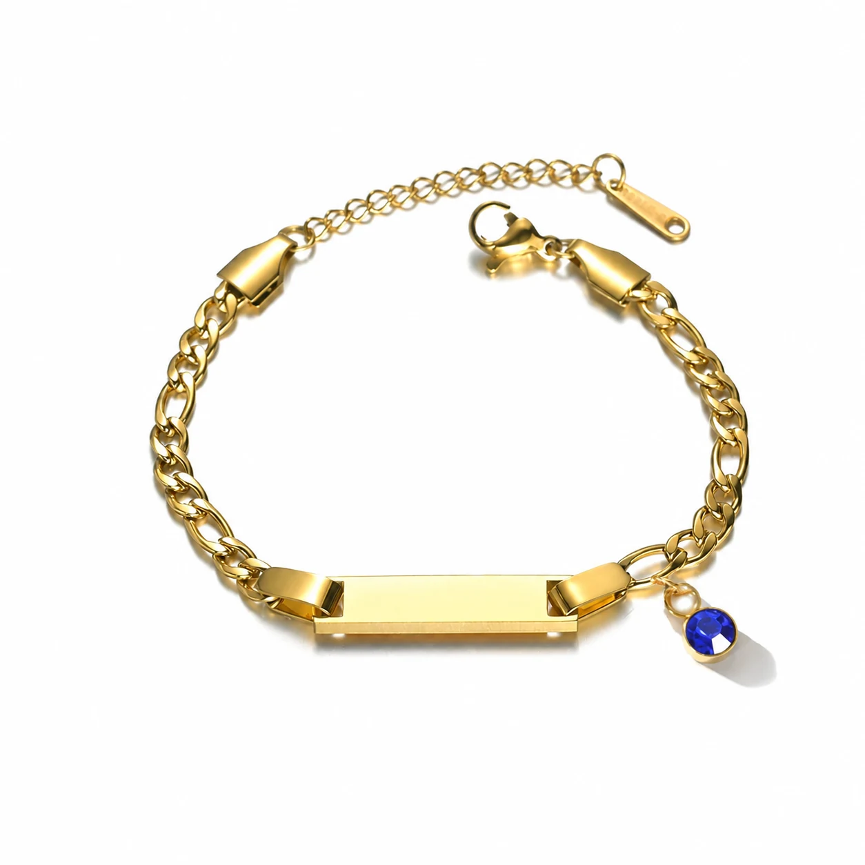 ID Bar Chain Bracelet with Birthstone Charm, Stainless Steel - September Deep Blue