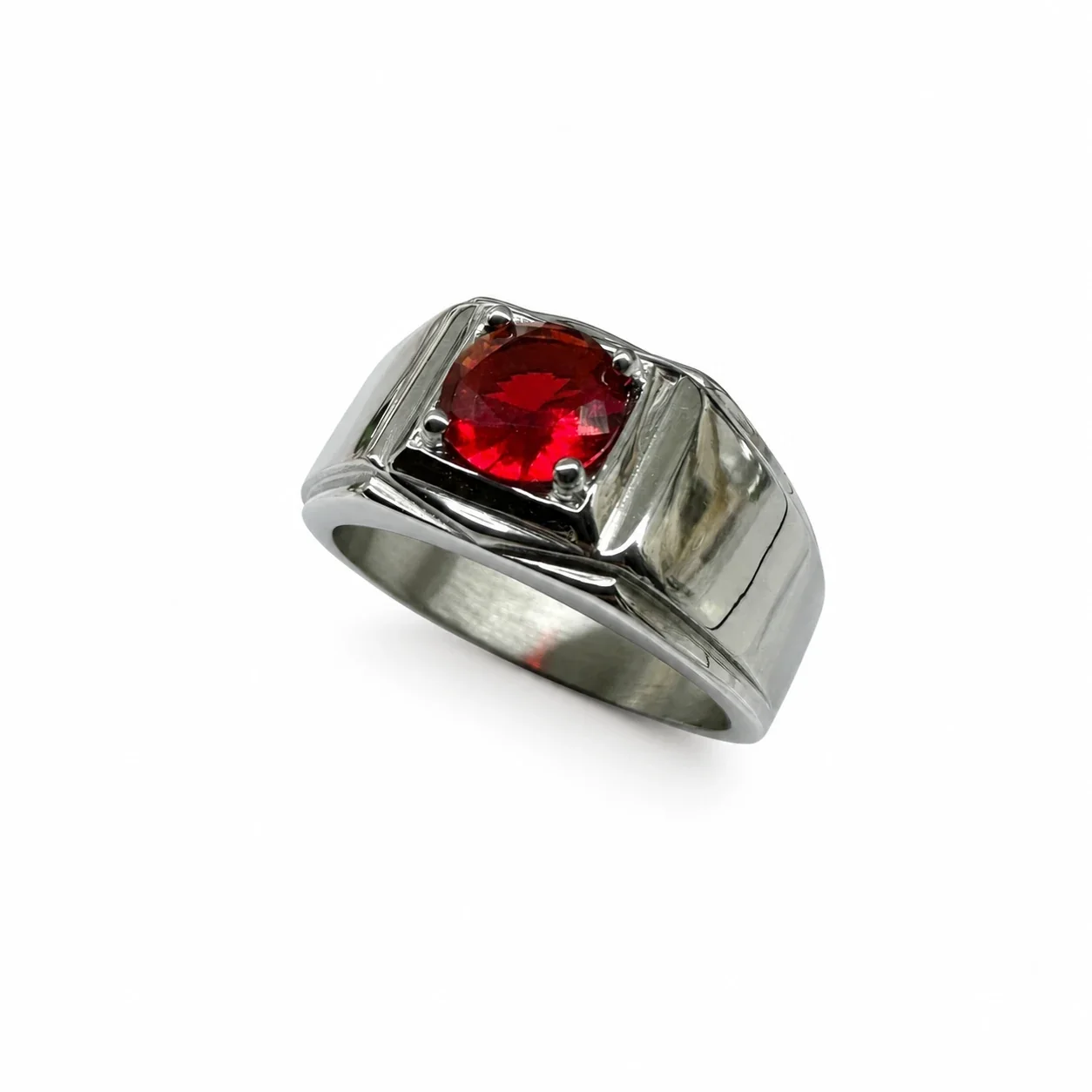 Bold 316 Stainless Steel Square CZ Signet Ring - Red
