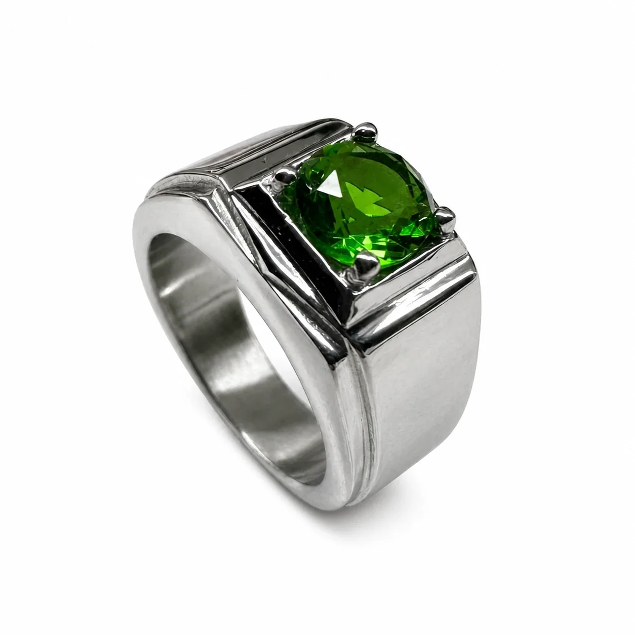 Bold 316 Stainless Steel Square CZ Signet Ring - Green