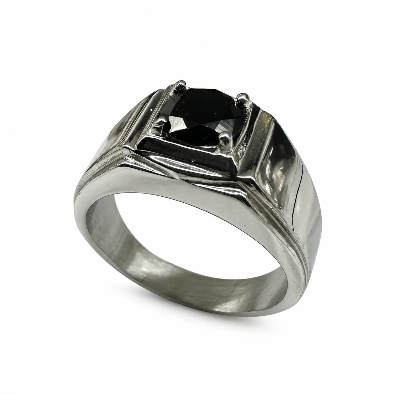 Bold 316 Stainless Steel Square CZ Signet Ring - Black