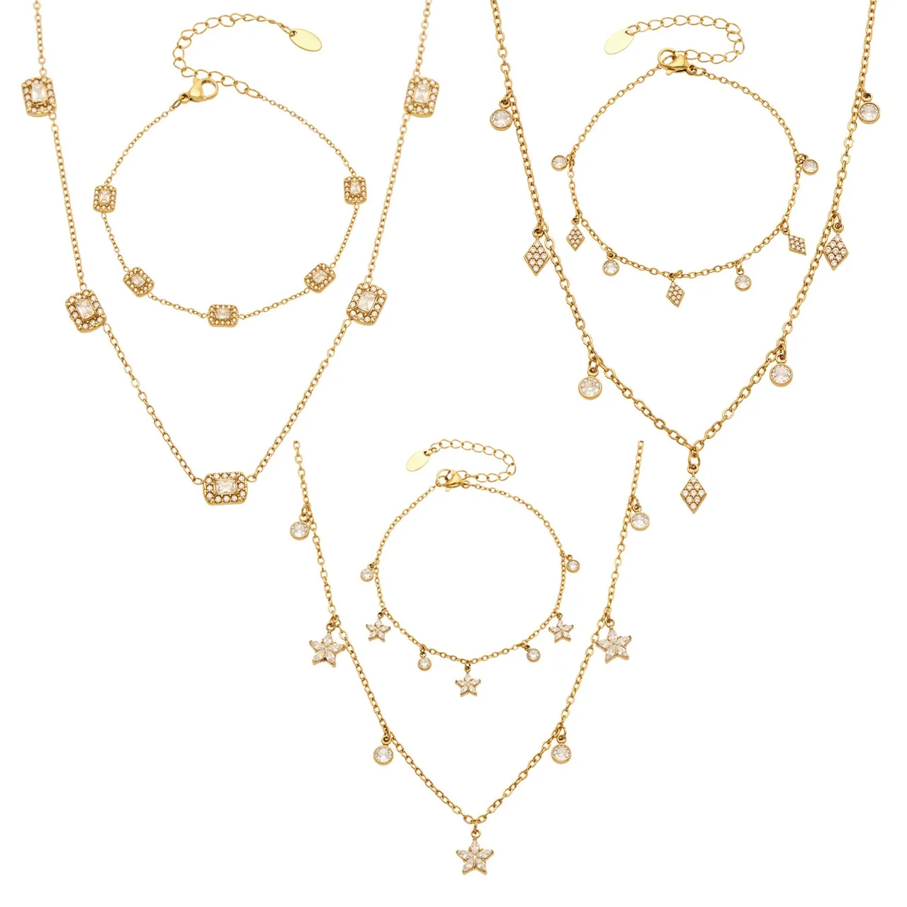 Dainty Gold PVD 316L Stainless Steel Star Bezel Necklace Bracelet Set