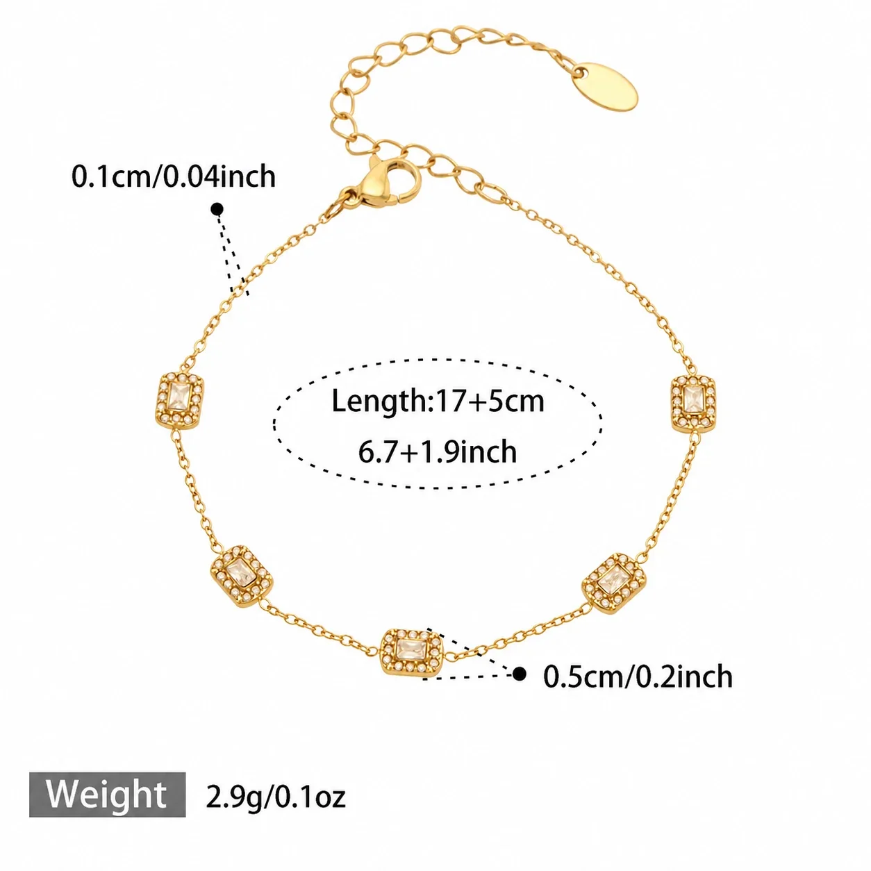 Dainty Gold-Plated 316L Star Bezel Necklace Bracelet Set - Gold Square CZ 17+5 cm