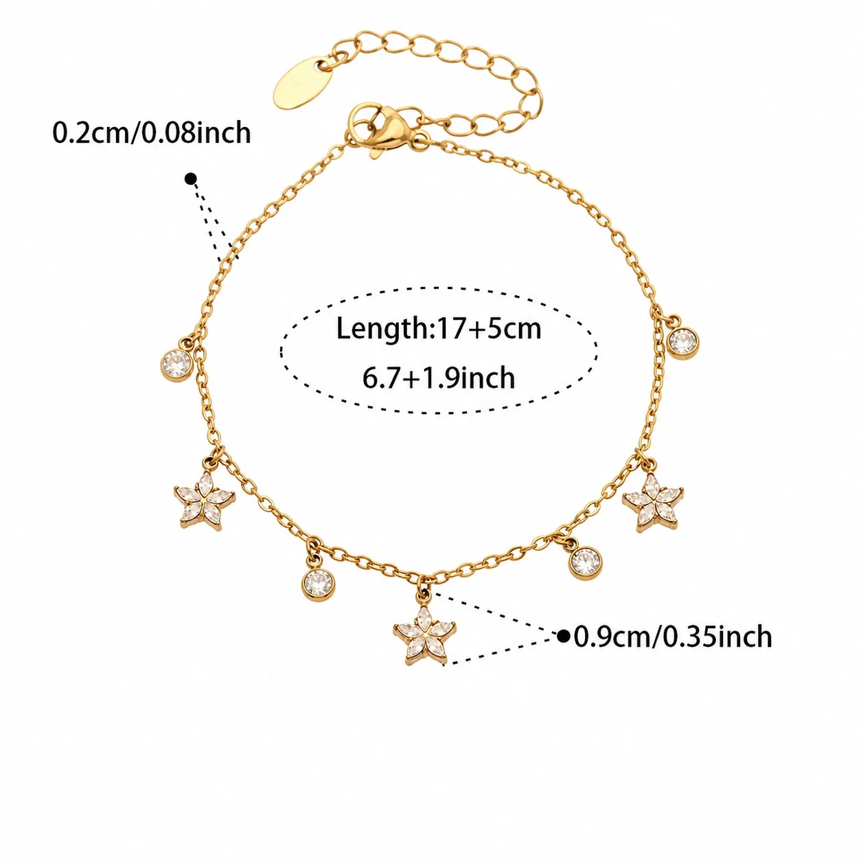 Dainty Gold-Plated 316L Star Bezel Necklace Bracelet Set - Gold -Petal Flower CZ 17+5 cm
