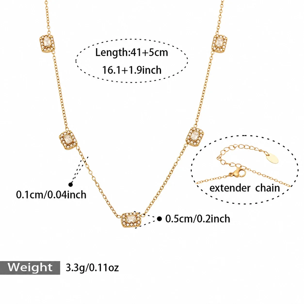 Dainty Gold-Plated 316L Star Bezel Necklace Bracelet Set - Gold Square CZ 41+5 cm