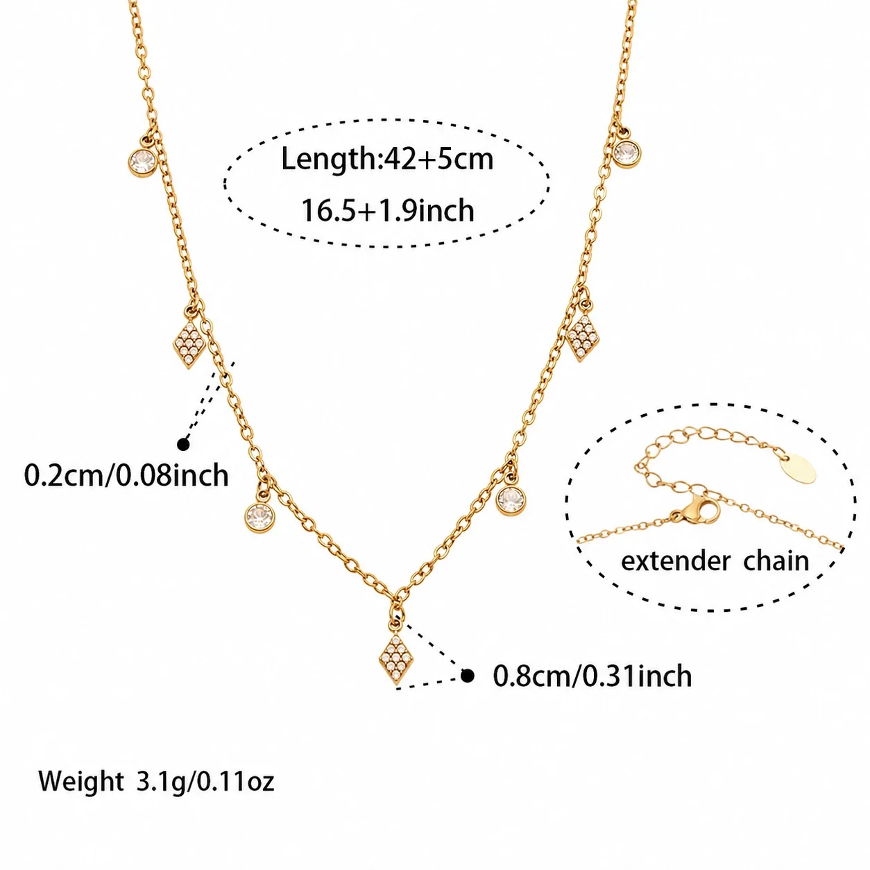 Dainty Gold-Plated 316L Star Bezel Necklace Bracelet Set - Gold Diamond CZ 42+5 cm
