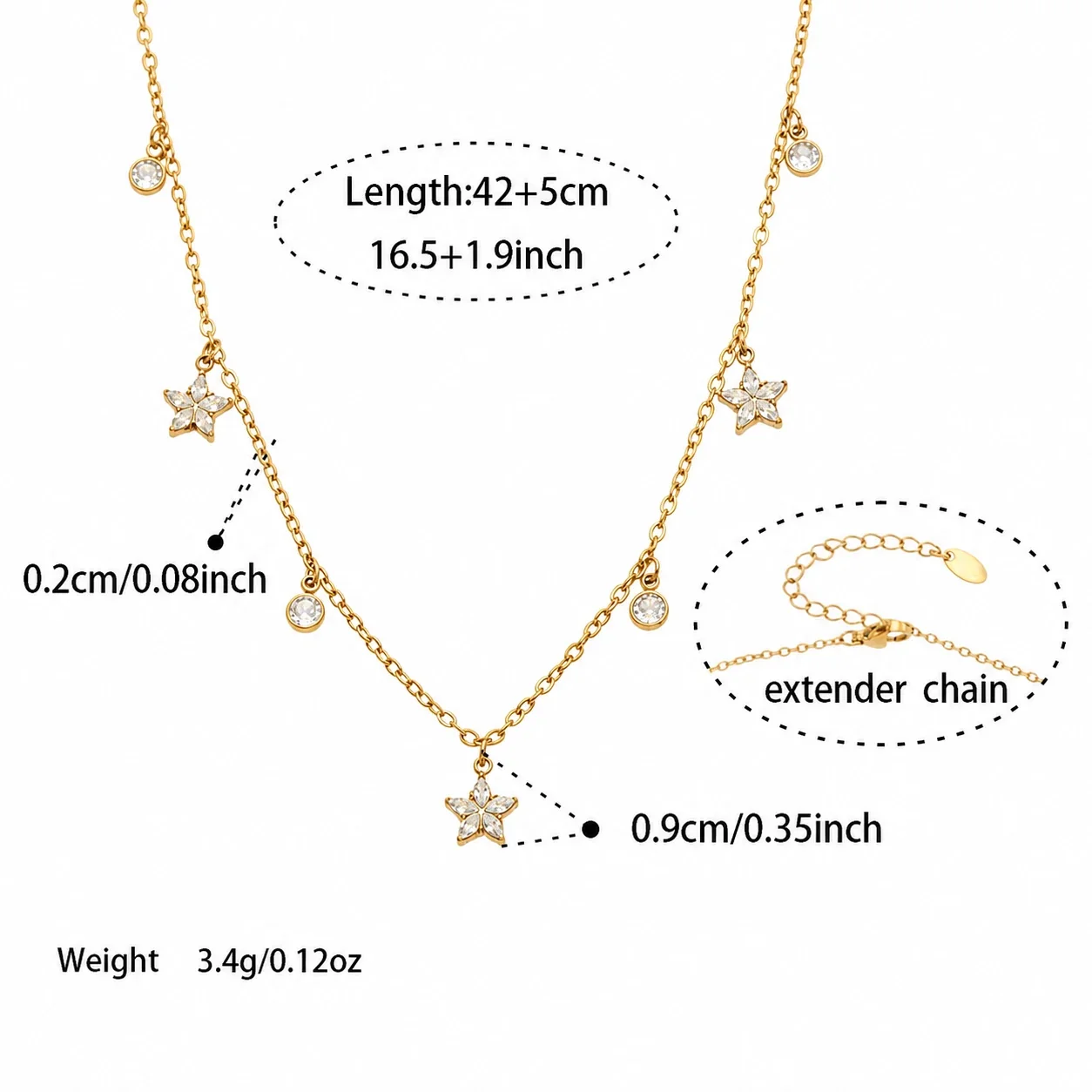 Dainty Gold-Plated 316L Star Bezel Necklace Bracelet Set - Gold -Petal Flower CZ 42+5 cm
