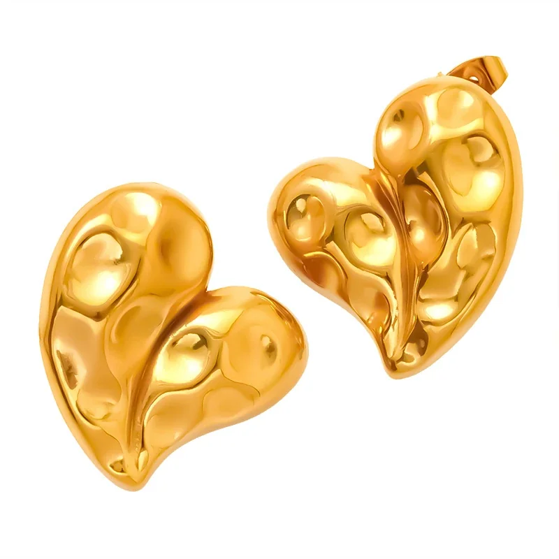Sculptural 18K Gold-Plated Hammered Heart Stud Earrings
