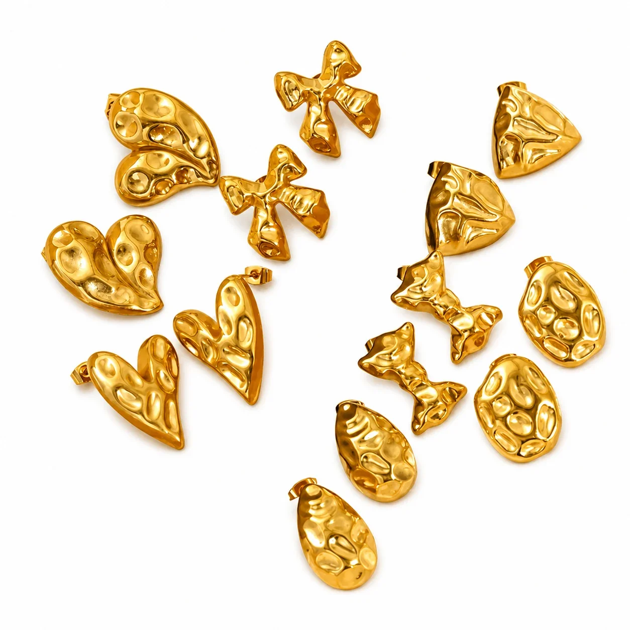 Sculptural 18K Gold-Plated Hammered Heart Stud Earrings