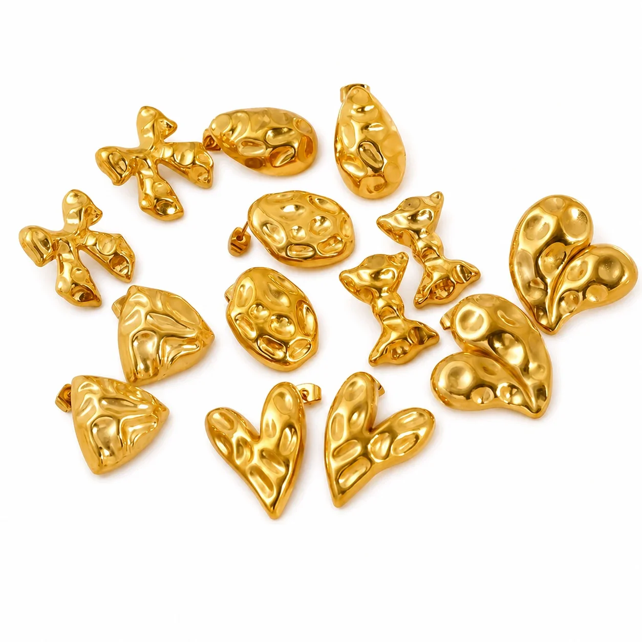 Sculptural 18K Gold-Plated Hammered Heart Stud Earrings