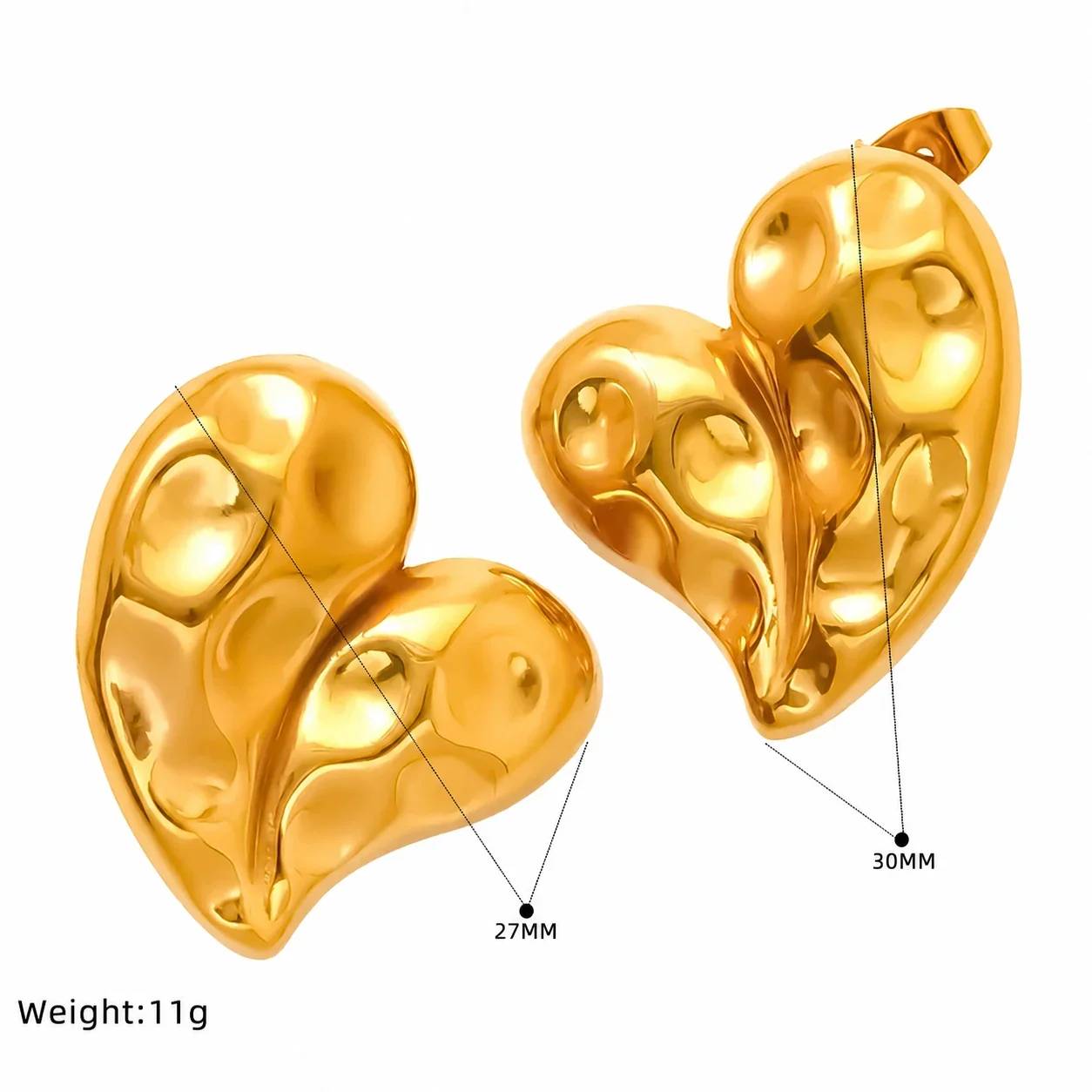 Sculptural 18K Gold-Plated Hammered Heart Stud Earrings