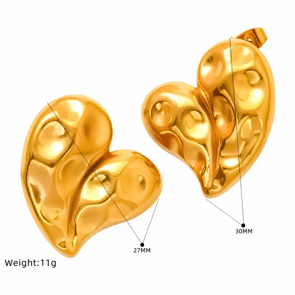 Sculptural 18K Gold-Plated Hammered Heart Stud Earrings - Gold SE490G