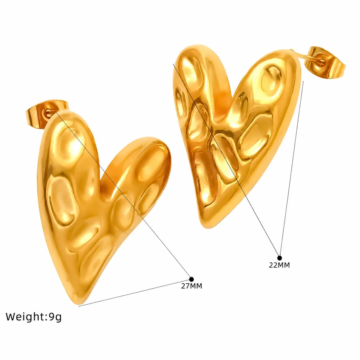 Sculptural 18K Gold-Plated Hammered Heart Stud Earrings - Gold SE496G