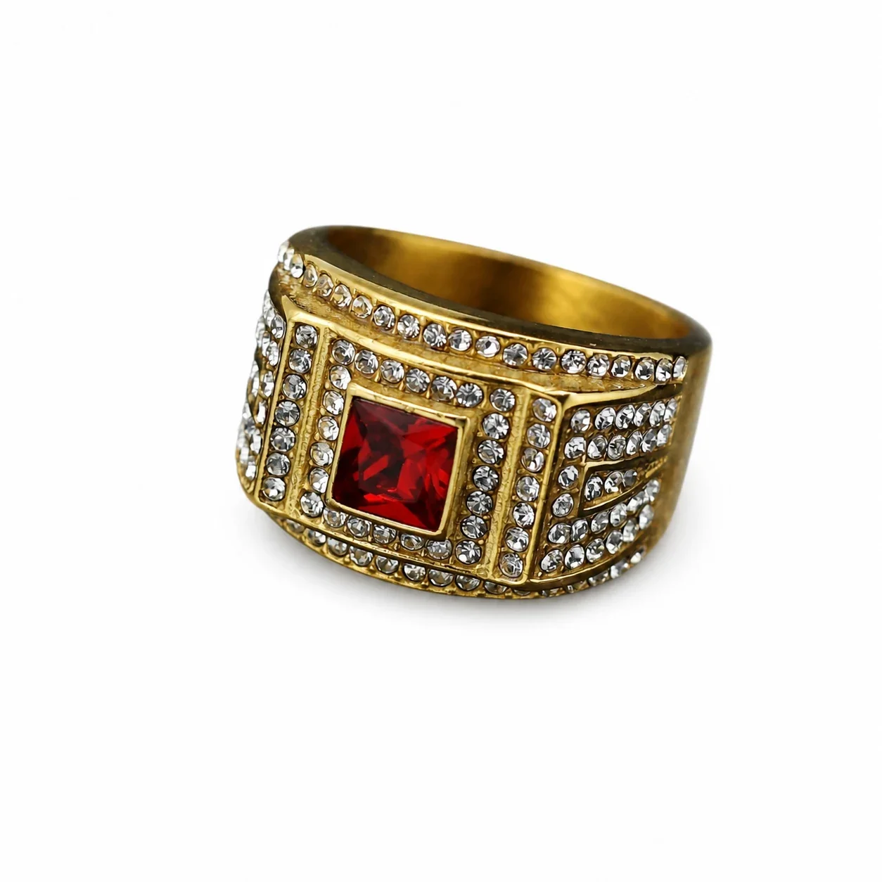 Regal 316 Square Crystal Pavé Wide-Band Men's Ring - Gold Red Crystal