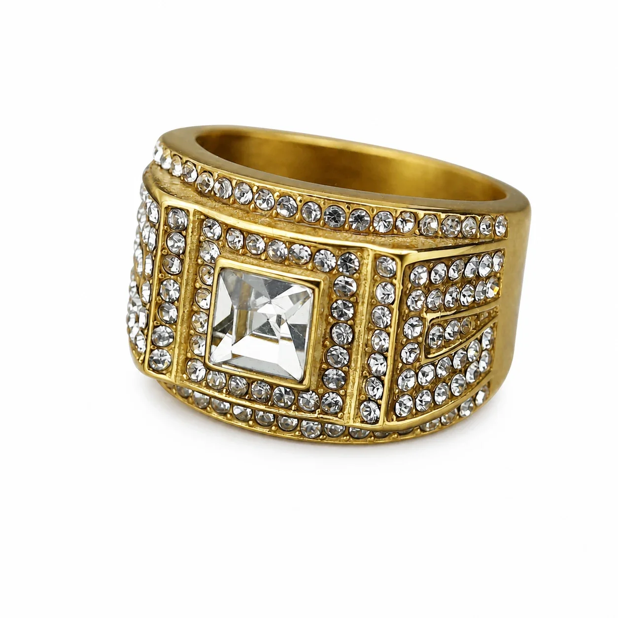 Regal 316 Square Crystal Pavé Wide-Band Men's Ring - Gold Clear Crystal