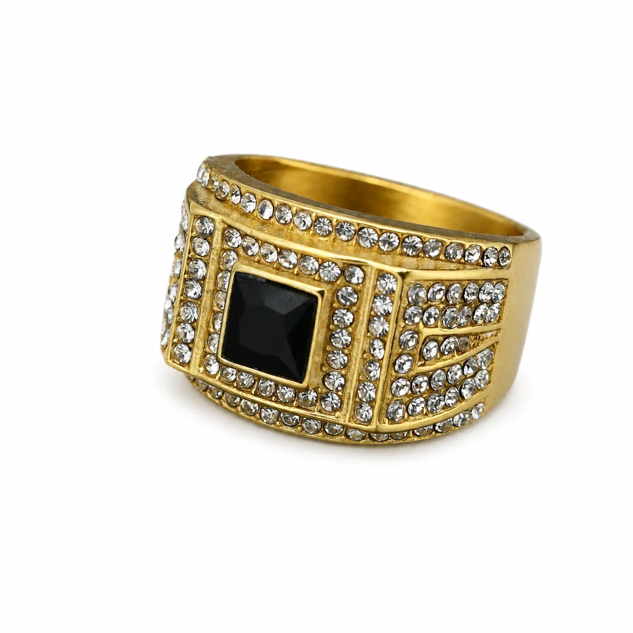 Regal 316 Square Crystal Pavé Wide-Band Men's Ring - Gold Black Crystal