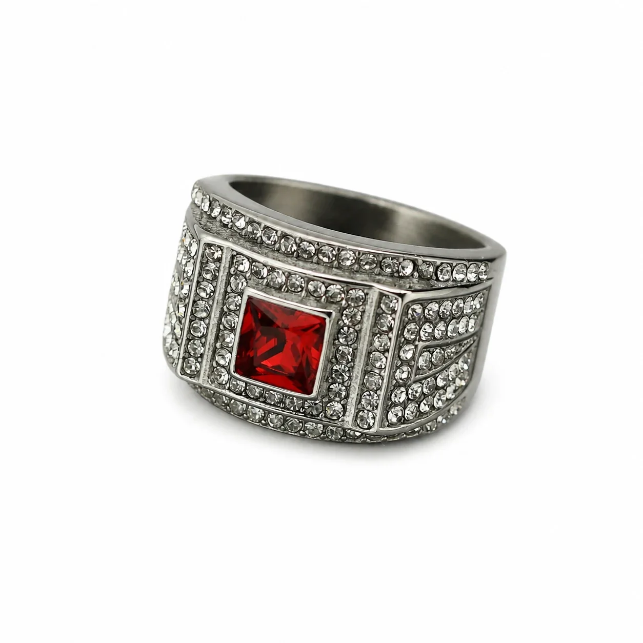 Regal 316 Square Crystal Pavé Wide-Band Men's Ring - Silver Red Crystal