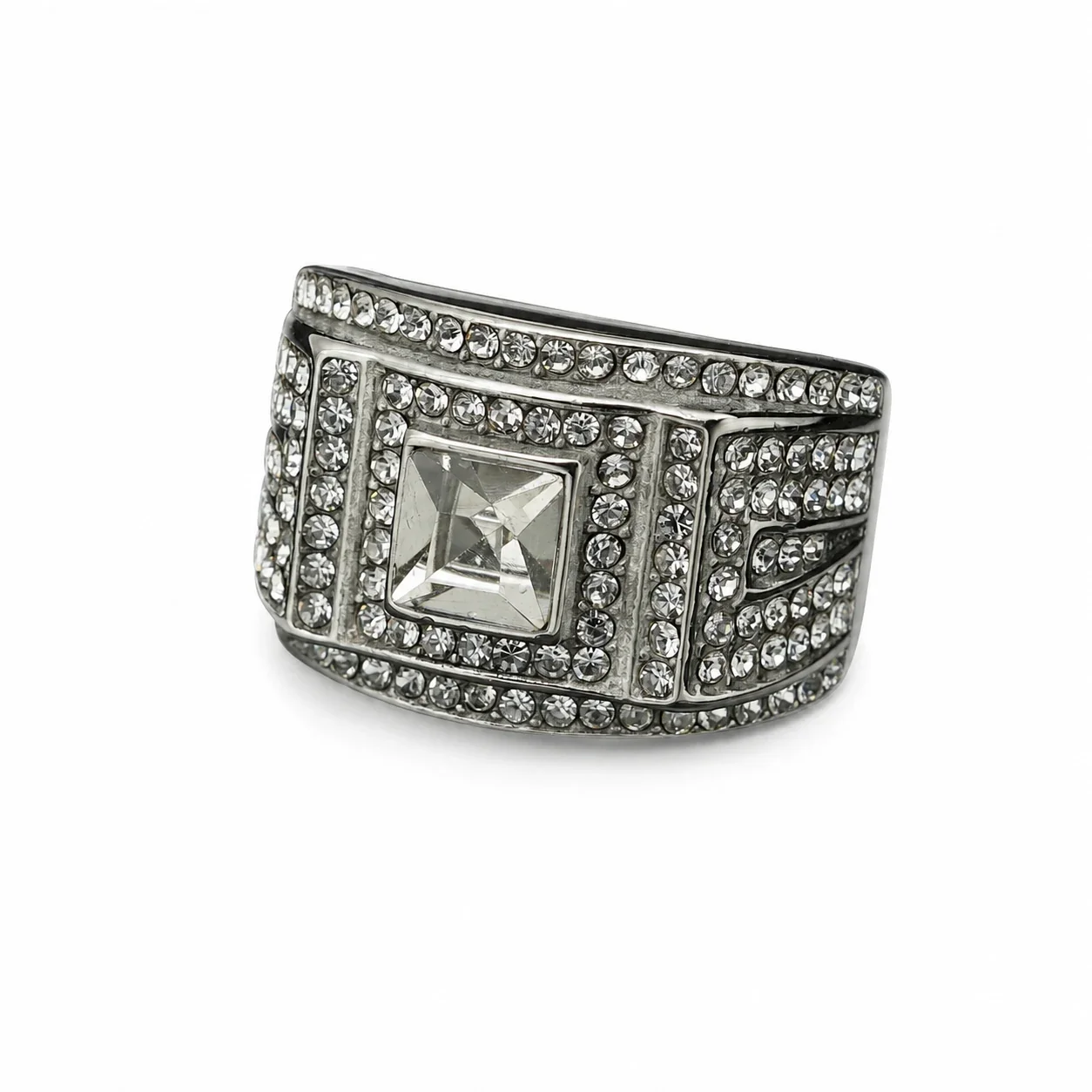 Regal 316 Square Crystal Pavé Wide-Band Men's Ring - Silver Clear Crystal
