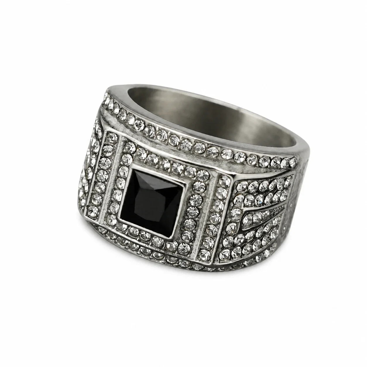 Regal 316 Square Crystal Pavé Wide-Band Men's Ring - Silver Black Crystal