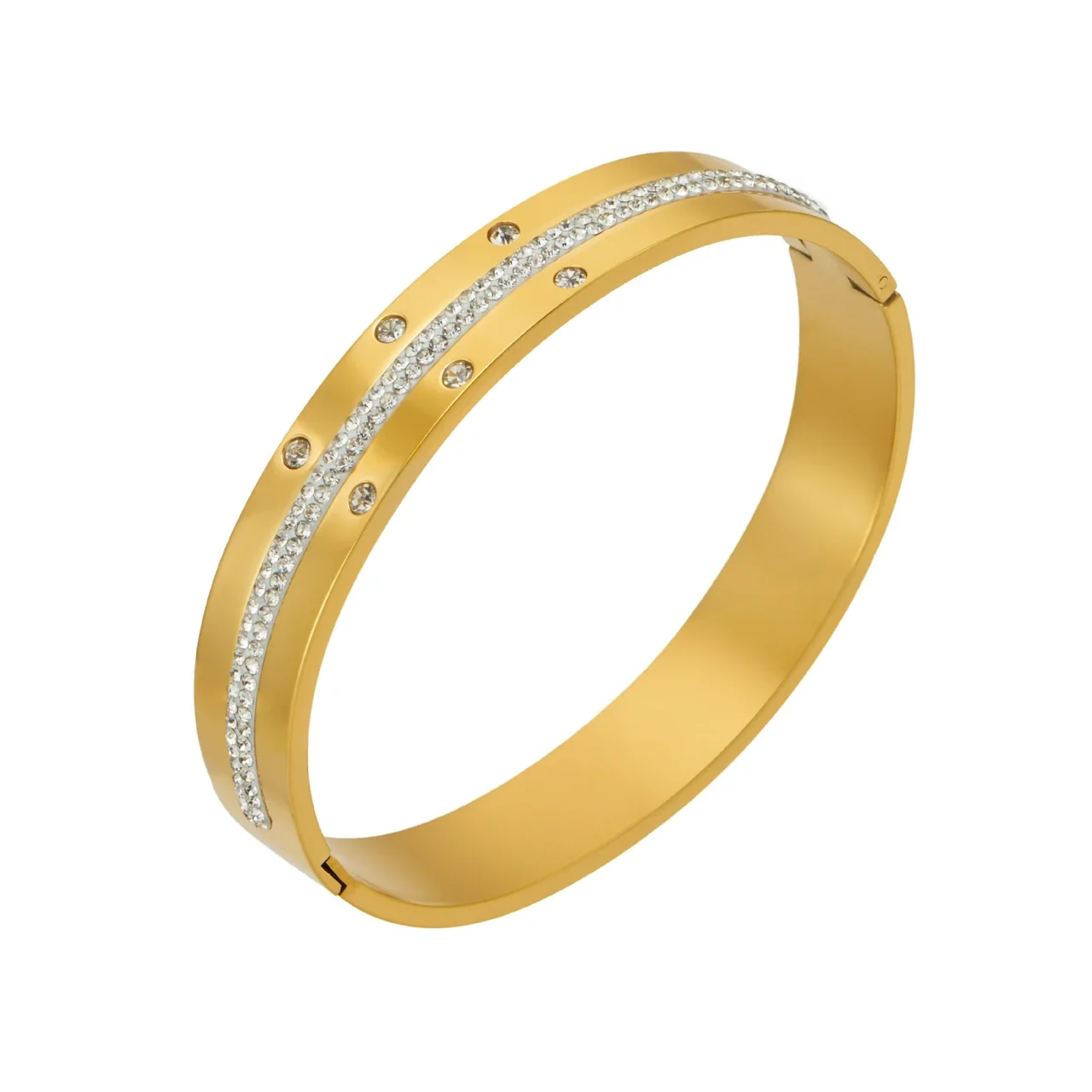 Polished Gold PVD 316L Stainless Steel Pavé Stripe Hinged Bangle