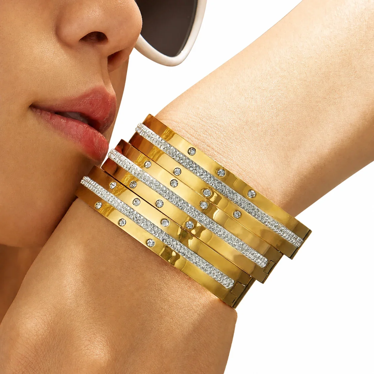Polished Gold PVD 316L Pavé Stripe Hinged Bangle