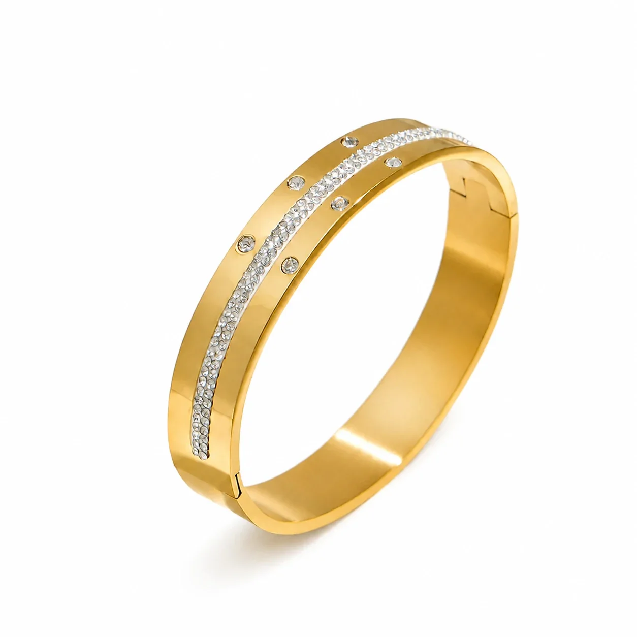 Polished Gold PVD 316L Pavé Stripe Hinged Bangle