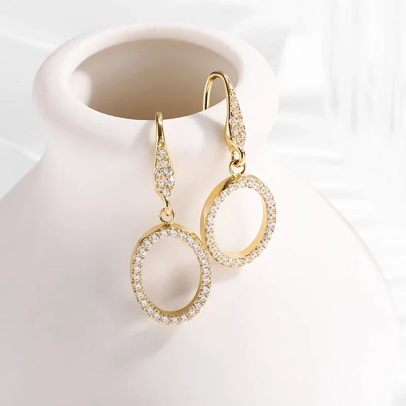 Drop Earrings with Crystal Oval Openwork Stainless Steel