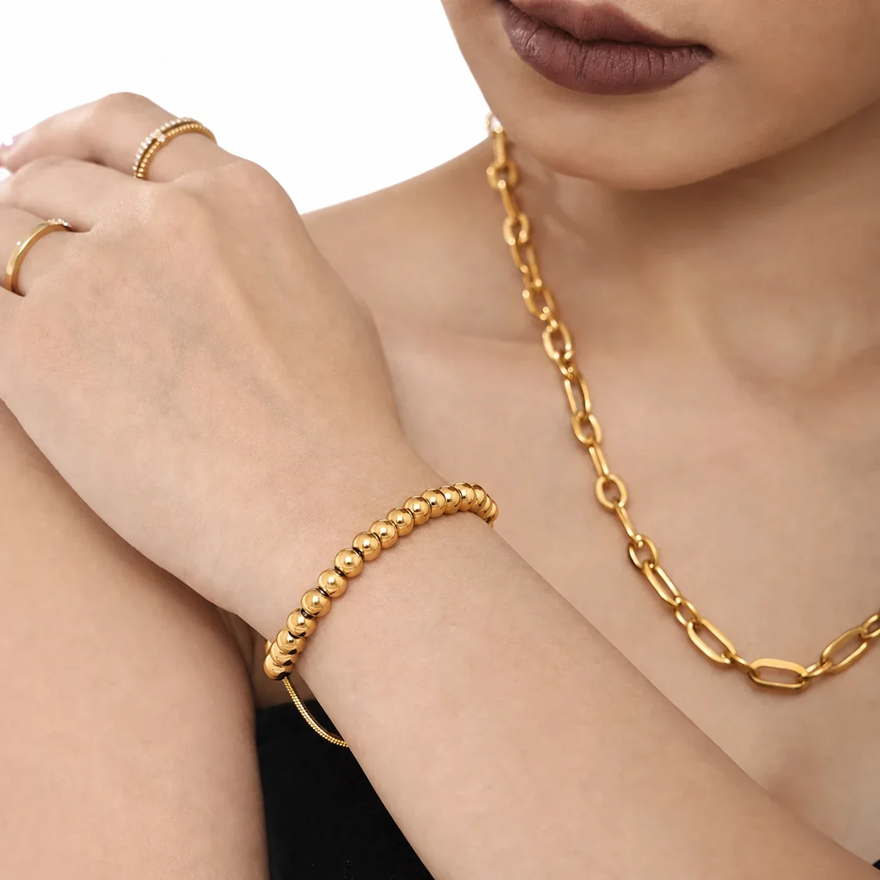 Polished Gold PVD Bead Slider Chain Bracelet