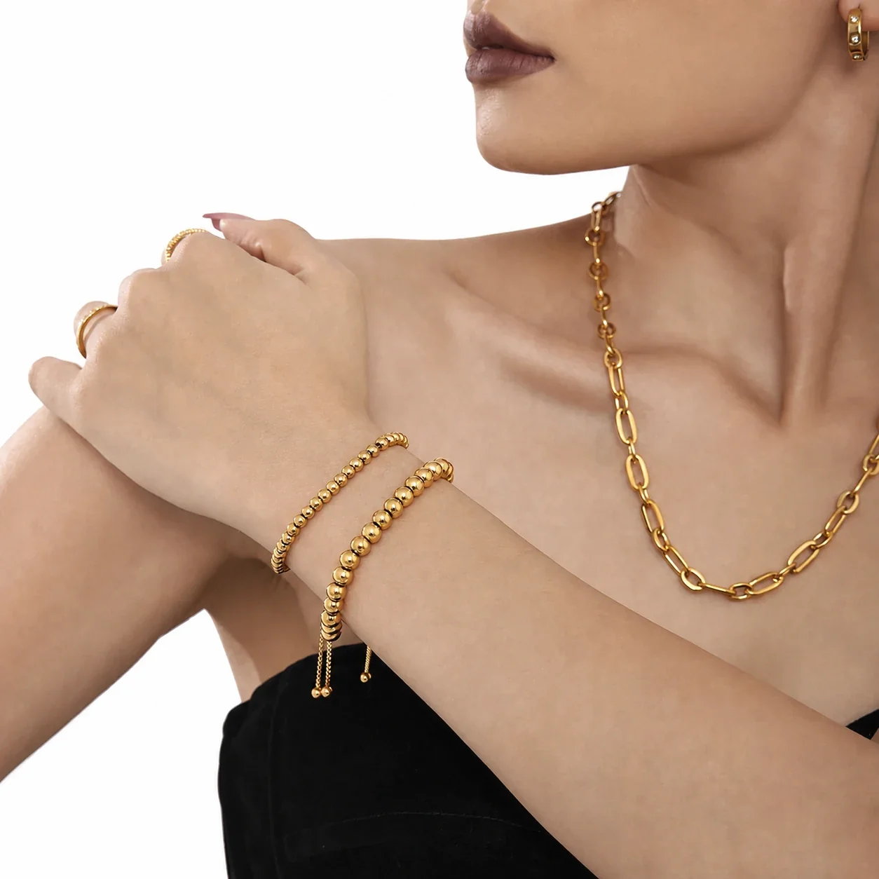 Polished Gold PVD Bead Slider Chain Bracelet