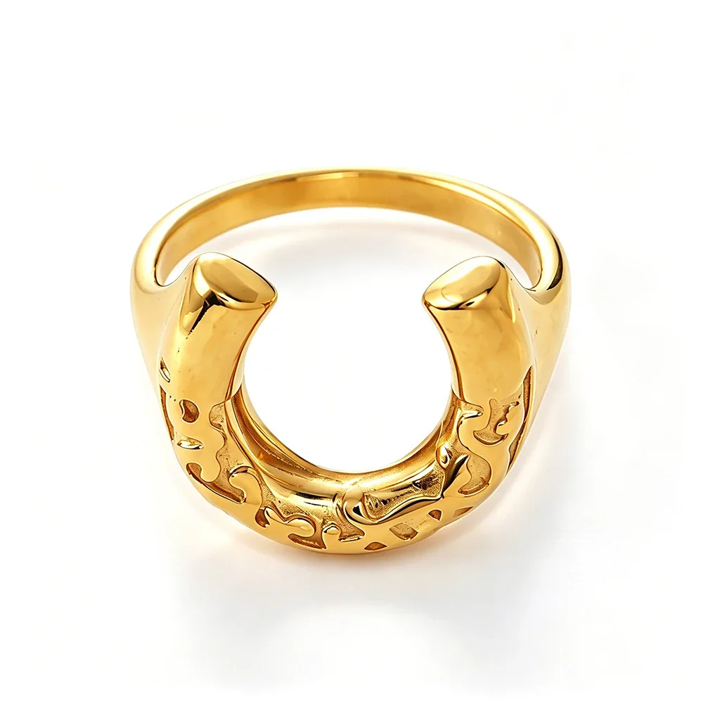 Horseshoe Ring with Engraved Relief Gold-Plated Stainless Steel