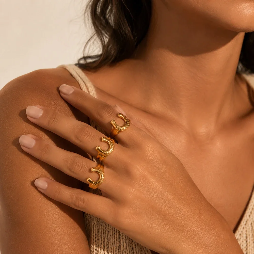 Horseshoe Ring with Engraved Relief Gold-Plated Stainless Steel