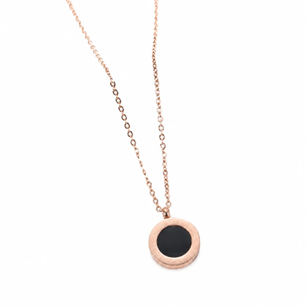 Polished Stainless Steel Roman Disc Pendant Necklace - Rose Gold