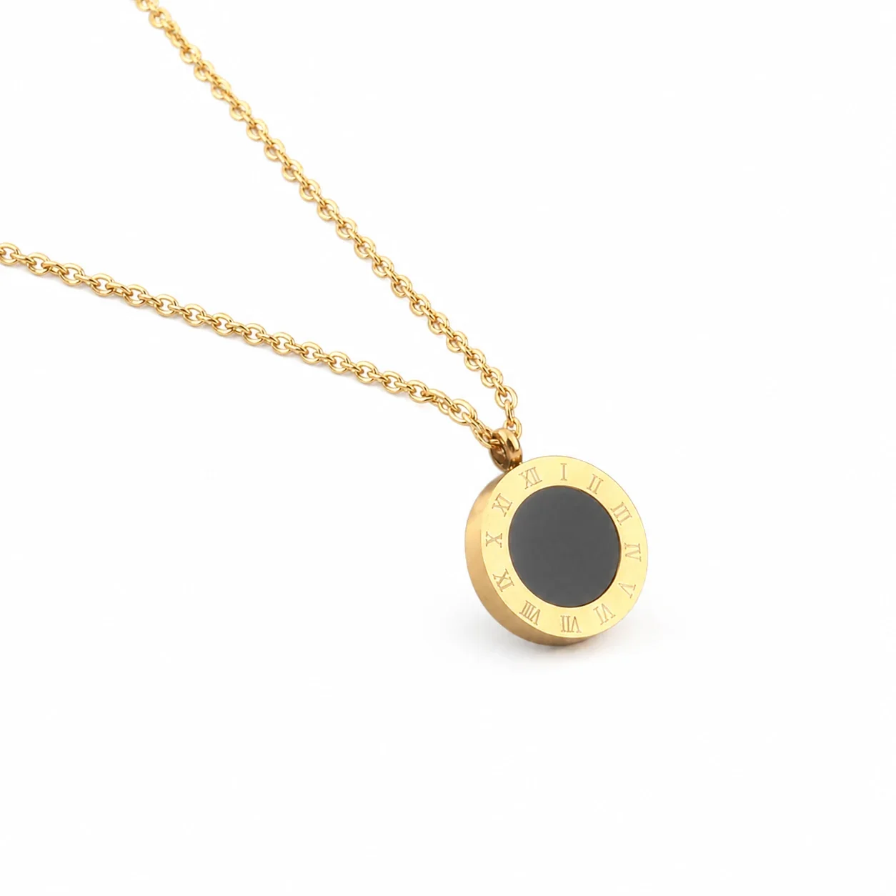 Polished Stainless Steel Roman Disc Pendant Necklace - Gold