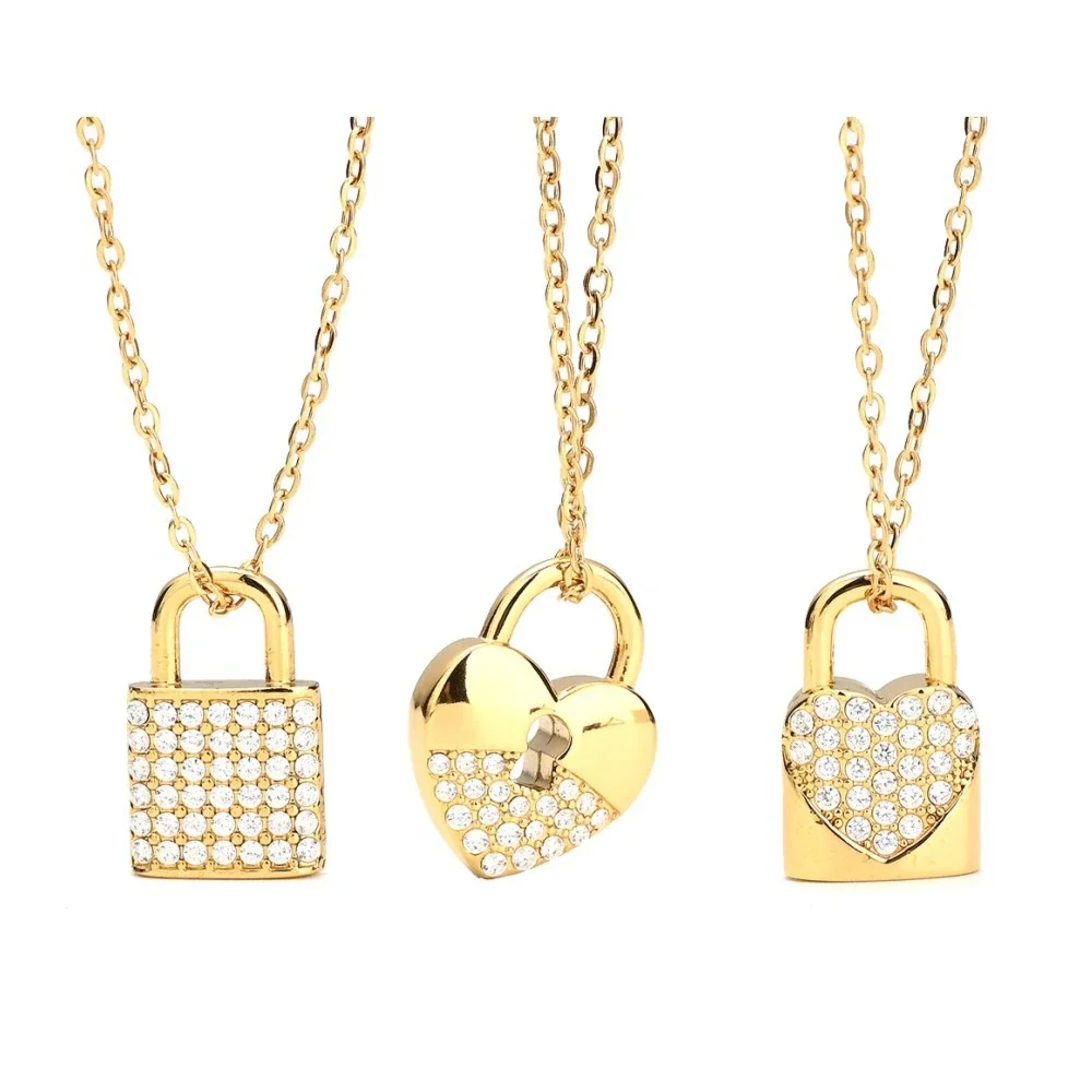 Polished 316 Stainless Steel Pavé Lock Pendant Necklace