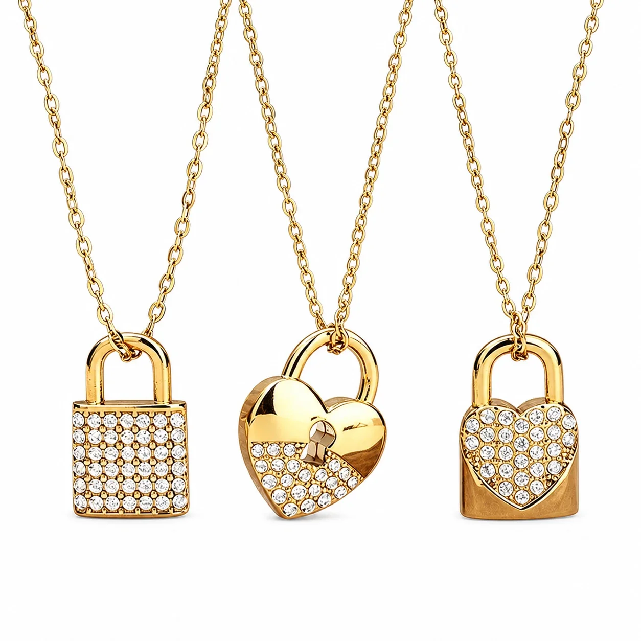 Polished 316 Stainless Steel Pavé Lock Pendant Necklace
