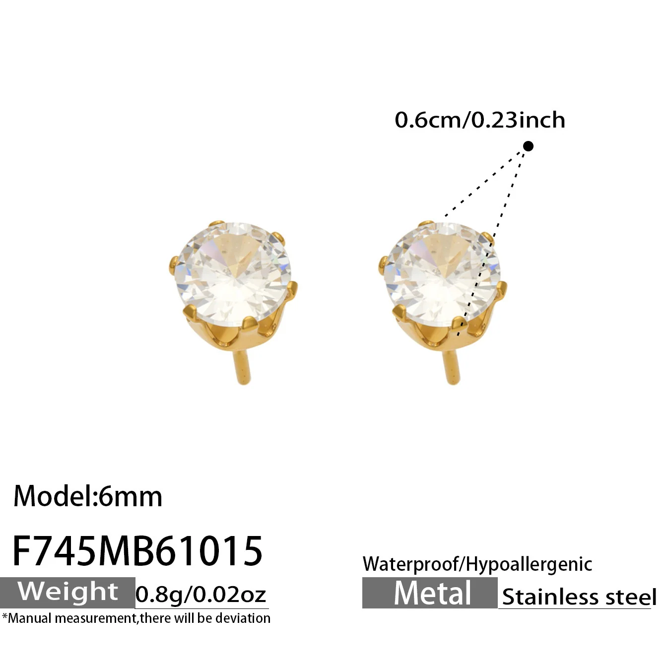 Oorknopjes met Ronde Zirkonia in Zespoots Zetting van RVS met 18K Goud PVD productfoto