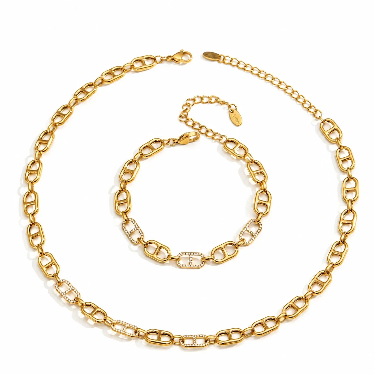 Polished 18K Gold PVD 316L Stainless Steel CZ Mariner-Link Jewelry Set