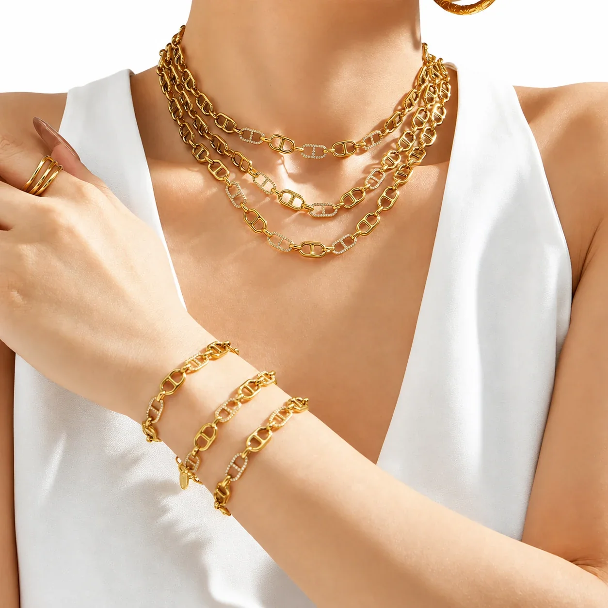 Polished 18K Gold-Plated 316L CZ Mariner-Link Jewelry Set