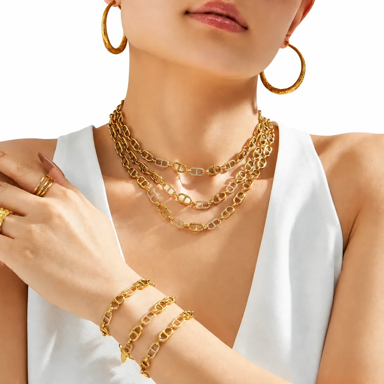 Polished 18K Gold-Plated 316L CZ Mariner-Link Jewelry Set