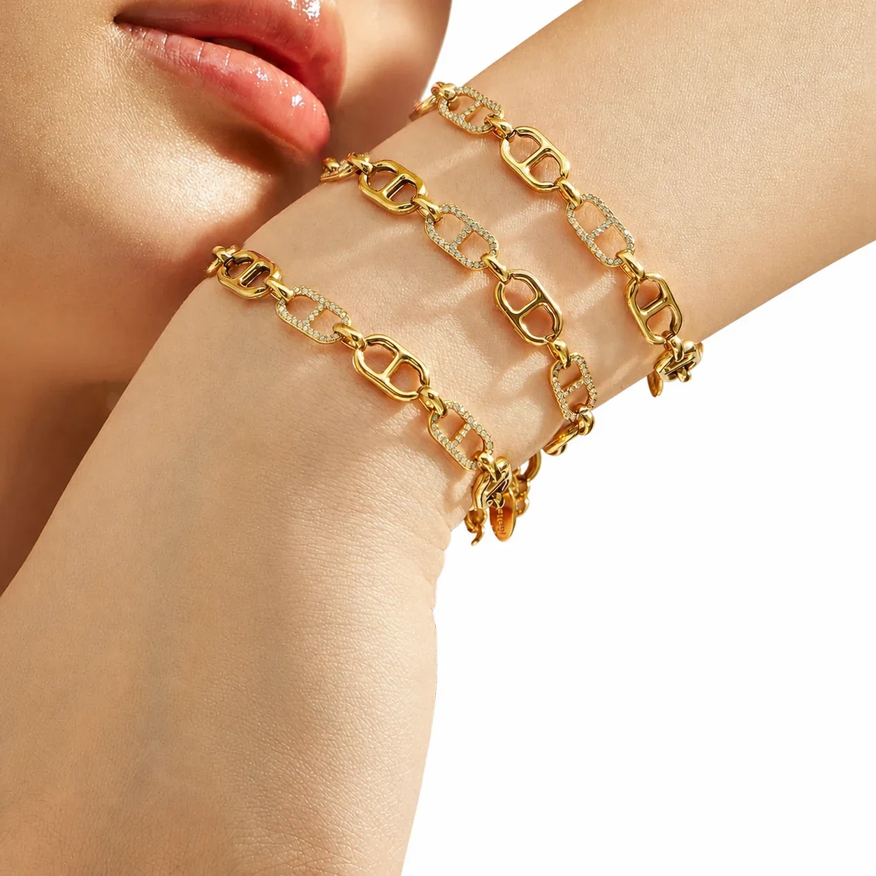 Polished 18K Gold-Plated 316L CZ Mariner-Link Jewelry Set